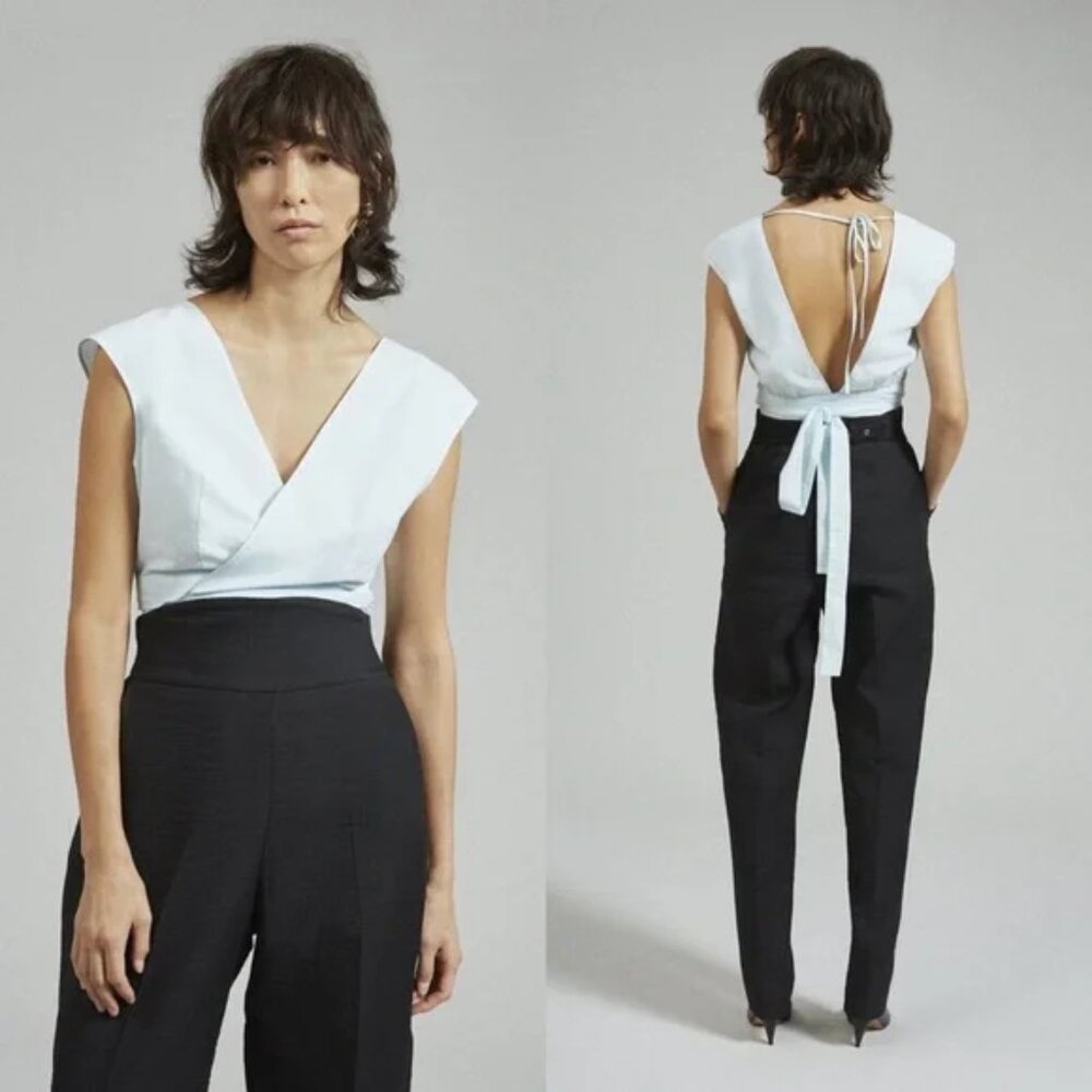 Rachel Comey Collie Wrap Front Crop Top in Spa Blue Crisp